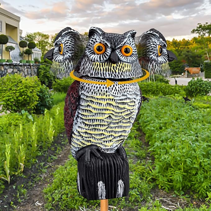 Fake Owl Decoys to Scare Birds Away, Waterproof 360° Rotating Head Hawks & Squirrel Deterrent, Patio Decoration Pest Control, Garden Owl Decoy for Outdoor Yard Patio Pools