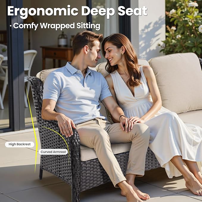 ovios 8 Pieces Patio Furniture Set, Outdoor Wicker Sofa Couch with Swivel Chairs 42" Fire Pit Table, High Back All Weather Modern Conversation Sets, Brown Rattan, Beige