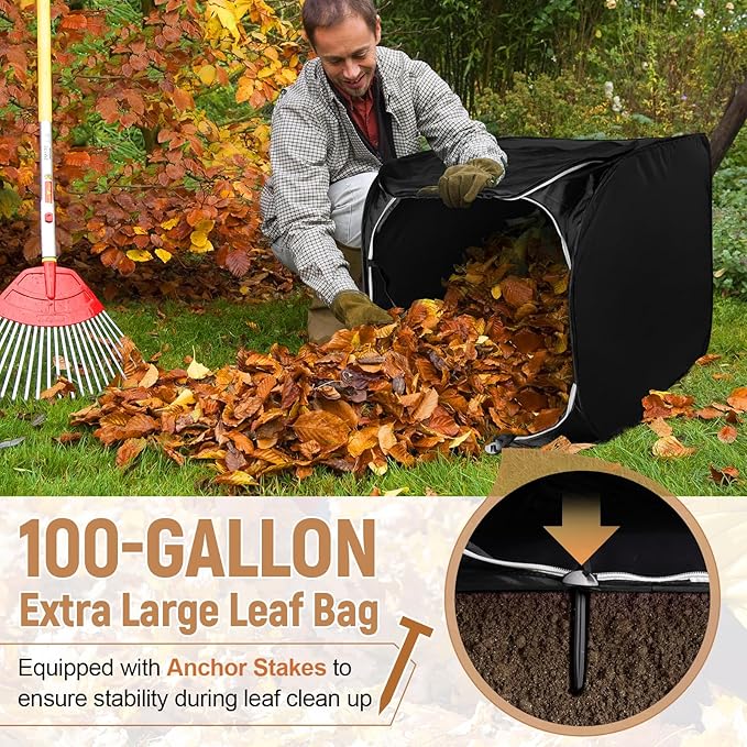 Pop Up Leaf Collector with Anchor Stakes, Collapsible Reusable Garden Waste Bag,Heavy-Duty Lawn Leaf Bag for Yard Debris, Grass, and Outdoor Cleanup,38"×24.5"×24.5",100-Gallon,Black