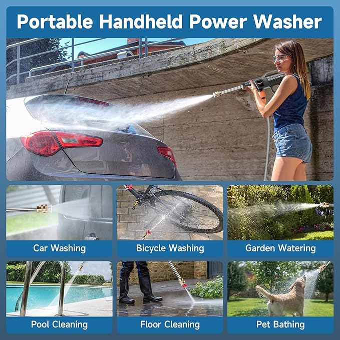 Cordless Pressure Washer Battery Operated, 60Bar/870 PSI Electric Pressure Washer,1500W Portable Battery Power Washer, Handheld High Pressure washers with Nozzles, 2 Battery, 5m Hose for Car/Garden