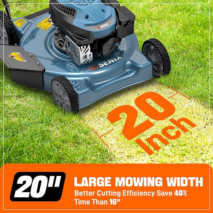 SENIX 20" Gas Lawn Mower, 144 cc Gas Powered Lawnmower, 4-Cycle Engine Walk-Behind Push Lawn Mowers, 3 Position Height Adjustment for Yard and Garden, cortadora de pasto