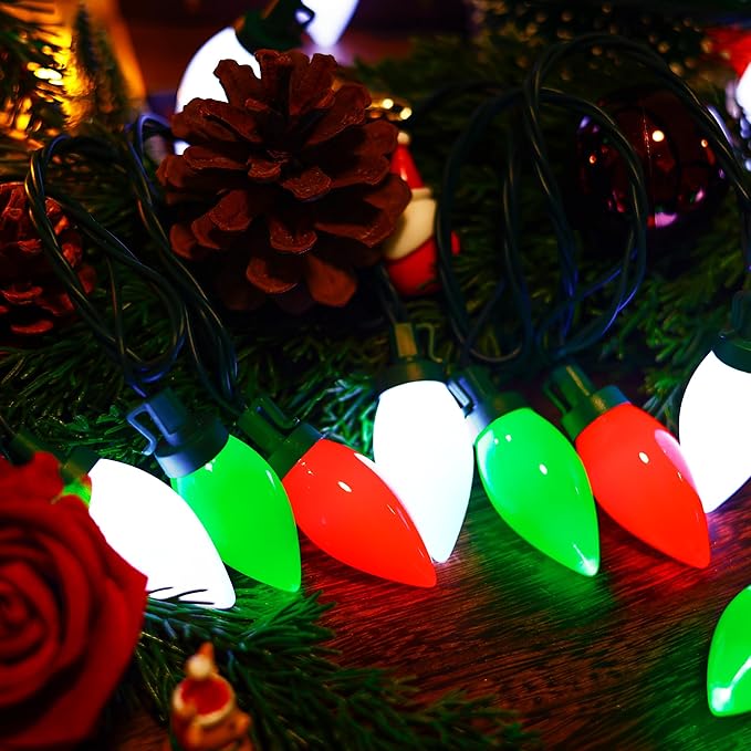 HAYATA C9 Big Bulbs Classic Christmas Lights 50 LED 32ft Strawberry String Light - Outdoor, Indoor, Garden, Yard, Party, Home, Wreath, Garland,Tree (Red White Green - 50LED)