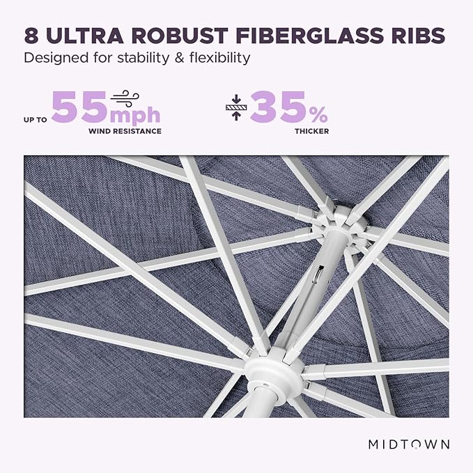 Midtown Umbrellas The Swilt 10 Feet Patio Umbrella in Terylast Purple Texture Polyester Fabric - Fiberglass Ribs, Auto-Tilt Aluminum Frame For Backyard, Deck, Garden, Pool - White Pole