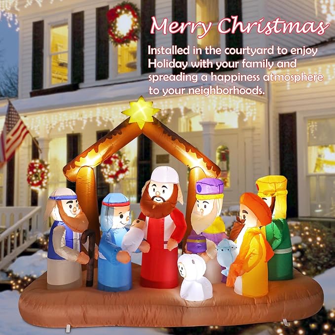 VCUTEKA Christmas Inflatables Outdoor Decorations, 7FT Inflatable Nativity Scene Manger Set with Sheep Stable Jesus Blow Up Built-in LED Lights for Holiday Yard Garden Lawn Xmas Decor