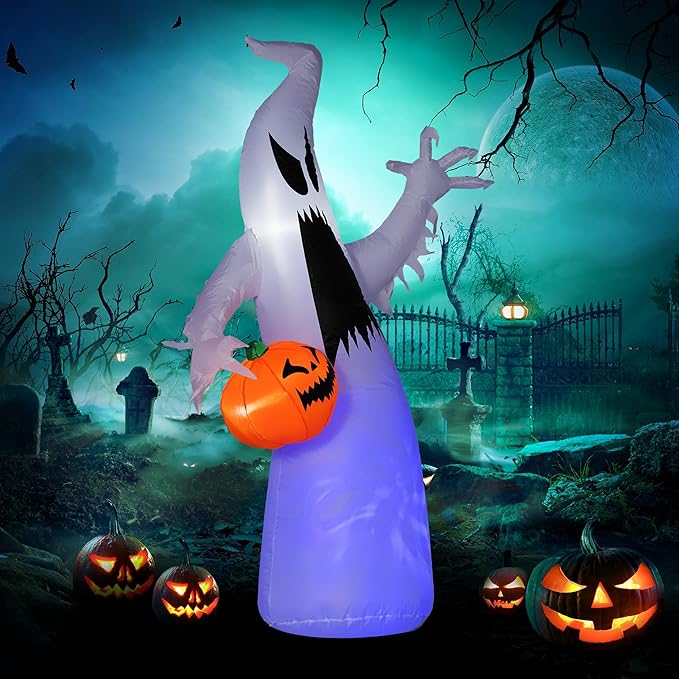 5.9ft Inflatable Halloween Decoration Ghost with Pumpkin, Waterproof Outdoor Decorations, Blow Up LED Yard Decor for Garden, Lawn, Party, Holiday