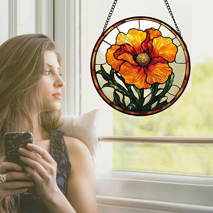 Stained Glass Window Hanging - Orange Poppy Birth Flower Suncatcher for Door Garden Yard Retro Sun Catchers Decor Christmas Mother's Day Birthday Gifts for Women Mom Nana Friend 15 in