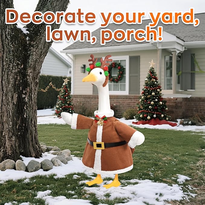 Christmas Porch Goose Outfit for Large 23" High Cement or Plastic Goose Statue, Yard Goose Cloths with Deer Antler Headband, Bell Bow Tie Decor for Outdoor Lawn Gaden Patio