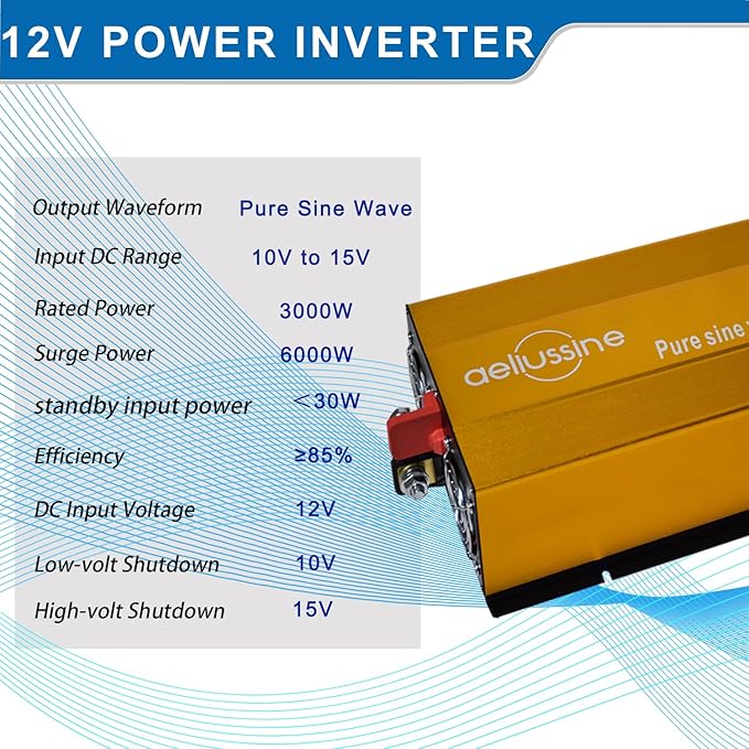 3000W Pure Sine Wave Inverter-12V DC to 120V AC Power Converter with 2 AC Outlets, 12 Volt Power Inverter for Truck, Rv, Camping, Home