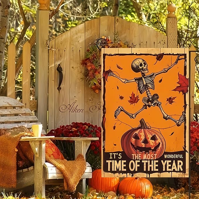 Trick Or Treat Halloween Garden Flag 12x18 Double Sided Spooky Skull Farmhouse Decor Halloween Yard Flags Pumpkin Flag for Seasonal Holiday Decoration