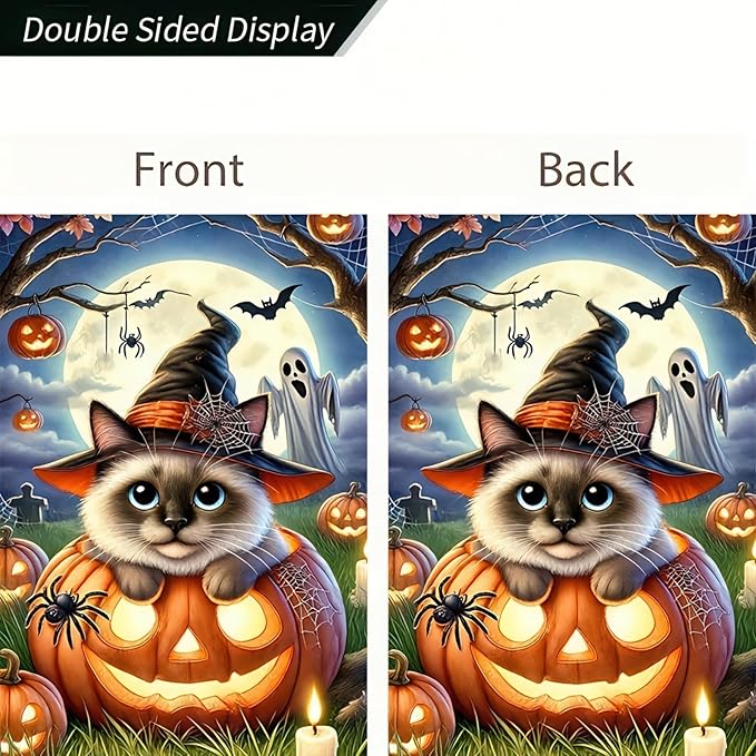 Halloween Garden Flag - Pumpkins & Siamese Cat - 12x18 Double Sided Vertical Flag - Fall & Outdoor Farmhouse Flag - Yard & Lawn Patio Banner
