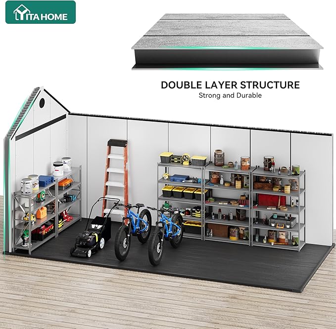 YITAHOME 8x16 FT Outdoor Storage Shed with Floor, Waterproof Plastic Garden Shed with Lockable Doors, 2 Vents & 3 Windows, 875 cu. ft. Resin Shed for Tools, Bikes, Patio or Backyard, Gray