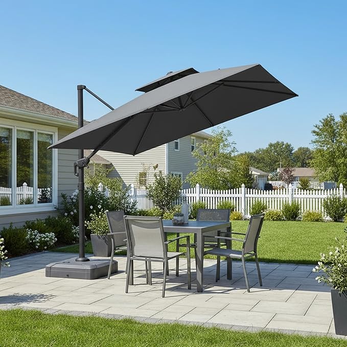 PURPLE LEAF 10 FT Cantilever Patio Umbrella Outdoor Umbrella with 220lbs Base Large Square Windproof Offset Umbrella for Pool Deck Garden, Mist Grey