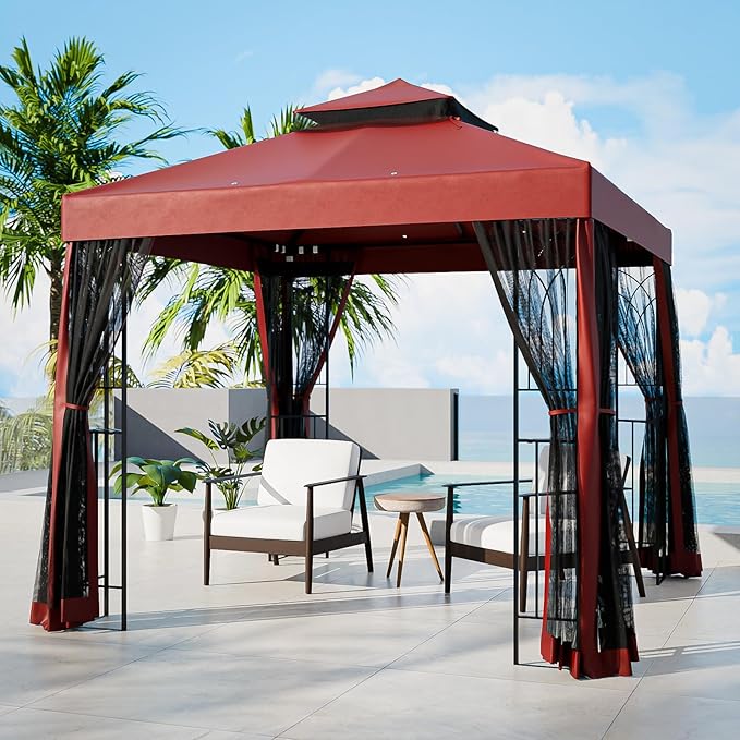 COOS BAY 8x8 Outdoor Patio Gazebo with Netting and Corner Shelves, Two-Tier Soft Top Canopy for Backyard, Lawn, Deck and Garden, Red