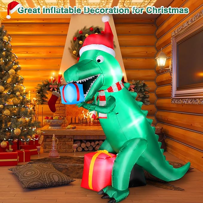 7FT Christmas Inflatables Dinosaur Outdoor Yard Decoration, Christmas Blow Up Giant Dinosaur Holding Gift Boxes with Built-in Bright LED Lights for Xmas Holiday Garden Lawn Yard Party Decor