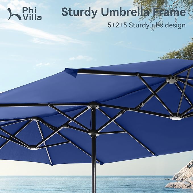 PHI VILLA 13ft Large Patio Umbrellas, Double-Sided Outdoor Market Rectangle Umbrella for Outside, Haze Blue
