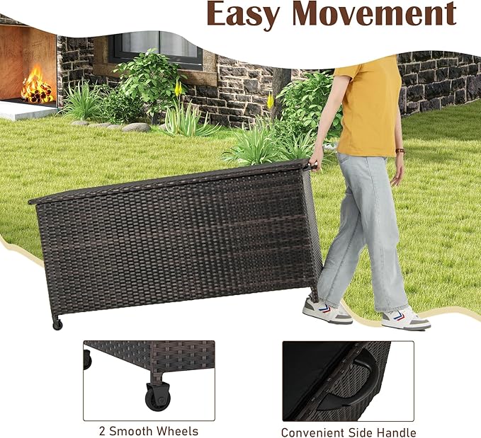 RELAX4LIFE 85-Gallon Deck Box with Wheels - Wicker Rattan Storage Bin Container w/Waterproof Liner & Gas Strut for Patio Cushions, Garden Tools, Pool Supplies, Indoor Outdoor Storage Box (Brown)