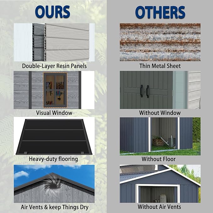 10x8 FT Resin Outdoor Storage Shed with Floor, Weather-Resistant Plastic Garden Shed with Windows, Lockable Door and Vents, Outside Tool Storage Sheds for Backyard, Garden, Lawn, Wood Grain