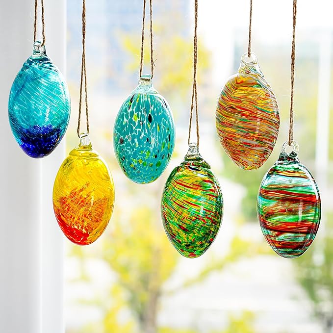 Set of 6 Hand Blown Glass Egg Ornaments Hanging Gazing Ball Witches Ball Friendship Decor for Home Outdoor Wedding Party Christmas Tree