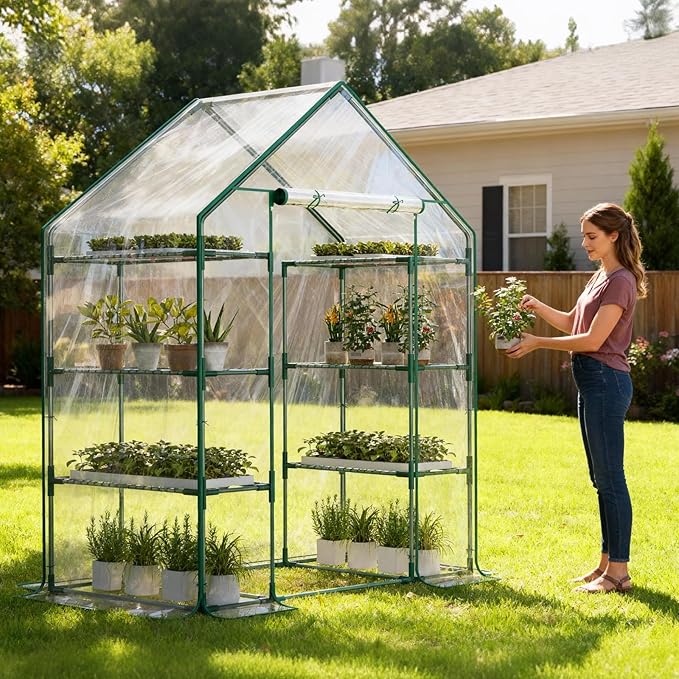 Indoor Greenhouse with Grow Light, 4-Tier 56.3"x28.7"x76.8" Mini Greenhouse with Roll-Up Zippered PVC Cover for Seed Starting Trays, Dimmable Grow Light Shelf for Indoor Plants with Timer