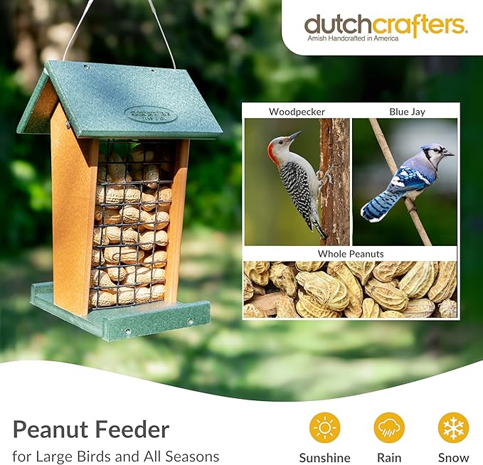 DutchCrafters Plastic Poly Hanging Whole Peanut Bird Feeder for Large Birds, Woodpeckers, Crows, Blue Jays for Outdoor, Garden, Yard - USA Amish Made (Black & Weatherwood)