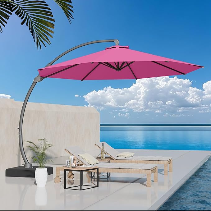 Kingdura 11ft Offset Cantilever Patio Umbrella with Base Included, Large Round Aluminum Outdoor Umbrella, 360° Rotation & Infinite Tilt, Heavy Duty Frame for Deck Pool Backyard, Rose Pink