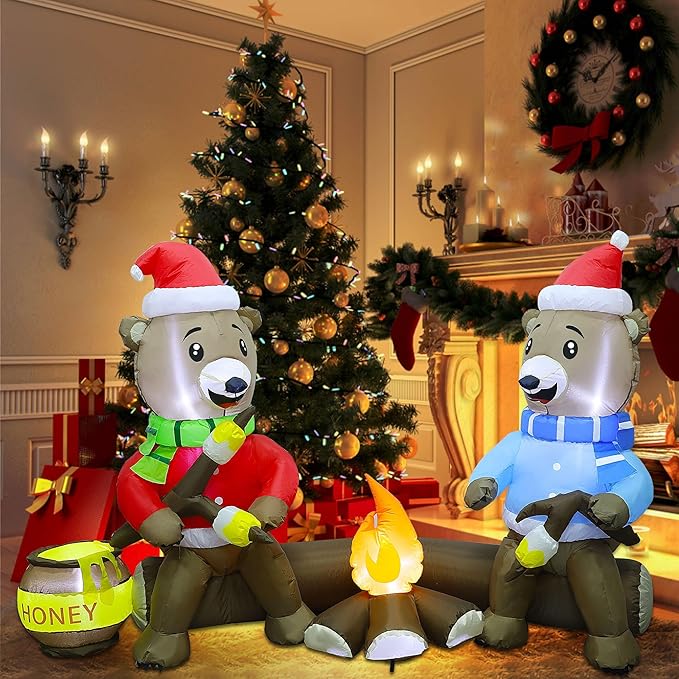 Joliyoou 7FT Christmas Inflatable Decorations, Light Up Sitting Bears Roasting Marshmallows Over Campfire, Xmas Lighted Blowups for Winter Yard Lawn Garden Indoor Outdoor Decor