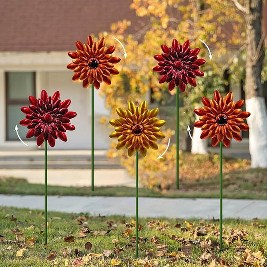 5 Pack Metal Autumn Mums Wind Spinner Garden Stakes,Outdoor Lawn Ornaments,Fall Yard Decorations,Garden Decor for Outside