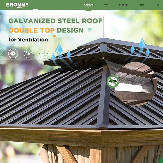 EROMMY 10'x12' Gazebo, Wood Grain Aluminum Frame Canopy with Double Galvanized Steel Hardtop Roof, Outdoor Permanent Metal Pavilion with Curtains and Nettings for Patio, Backyard and Deck