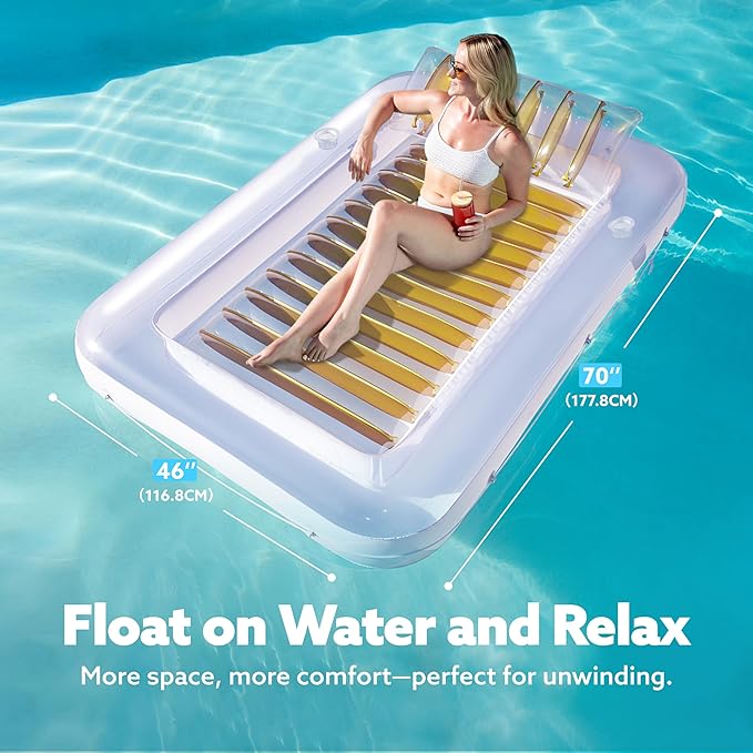 SLOOSH Inflatable Tanning Pool Lounger Float, 70" x 46" Pool Floats Adult with Pillow, 4 in 1 Suntan Tub Raft Floatie,Sunbathing Bed Lounge for Water Blow Up Kids Ball Pit Party Gifts, L-Golden White