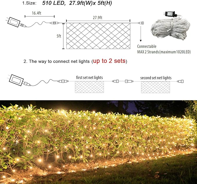 510 LED Christmas Net Lights, 27.9ft x 5ft Mesh Lights Outdoor Clear Wire 8 modes, Waterproof Connectable String Lights Plug in for Xmas Tree Bushes Garden Holiday Party Decorations - Warm White