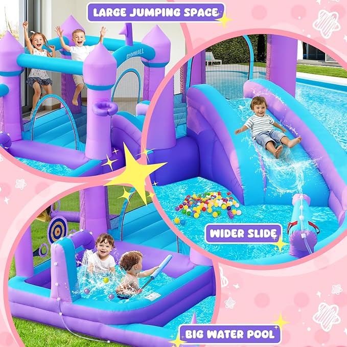 Water Bounce House for Kids 3-8, Purple Large Inflatable Bouncy Castle with Water Slide 480W Air Blower Jumping Space Ball Pit Swim Pool Basketball, Bouncy House for Party Birthday Event Gift