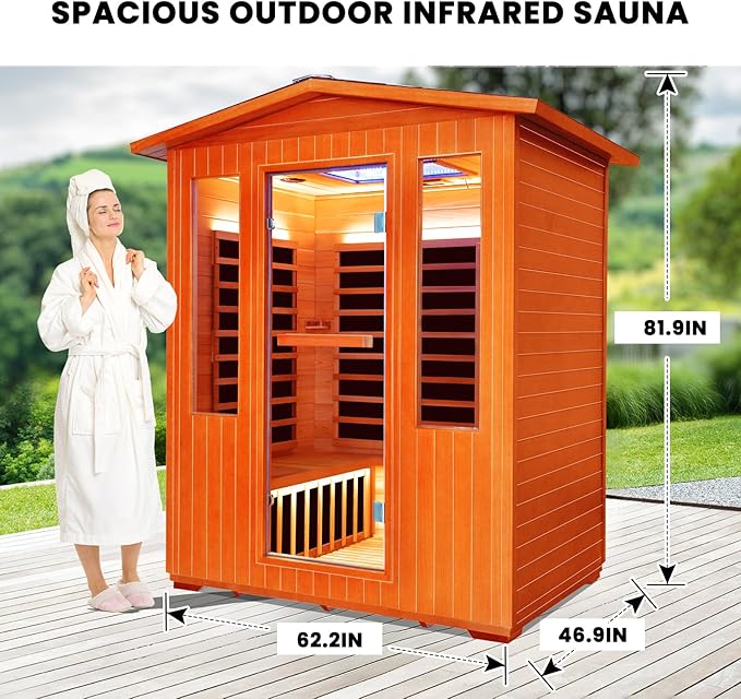 Outdoor Sauna 4 Person Infrared Saunas Outdoor Dry Sauna Room Wood Wooden Sauna Canadian Fir Red Cedar Low EMF 2600W/240V with Oxygen Bar, 7 Color Light, Control Panel, Speaker - 62.2" x 46.9" x 81.9"