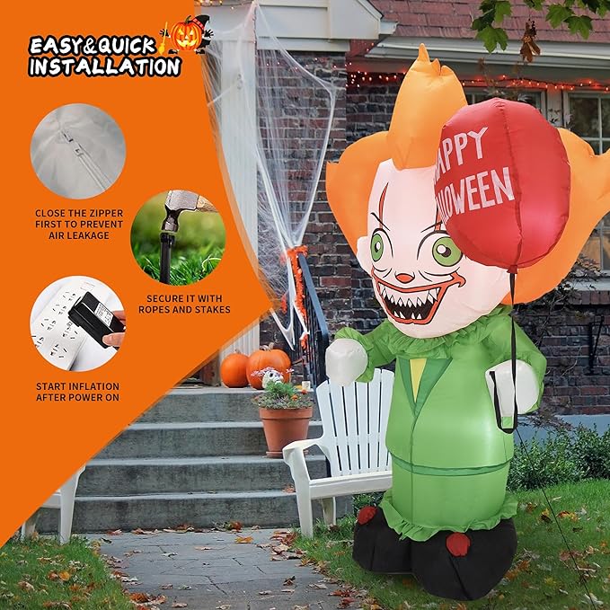 DearSun 6FT H Halloween Inflatable Clown with Build-in LED Lights Blow up Halloween Inflatable Outdoor Indoor Decoration Large Party Yard Decoration