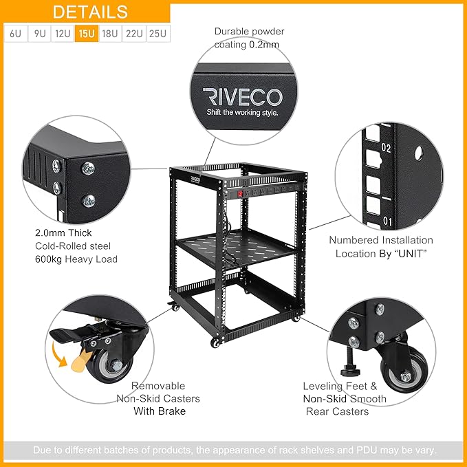 RIVECO 15U 19 Inch Open Frame Server Rack with Wheels Including 1U Rack Shelf & Power Strip Universal for 19" Network Equipment Black
