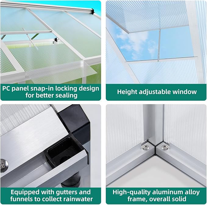 GarveeLife 8x12 ft Greenhouse, Large Aluminum Greenhouses for Outdoors, Heavy Duty Polycarbonate Greenhouse with Roof Vent, Walk-in Green houses for Winter Garden, Backyard, Patio, Lawn, Easy Assembly