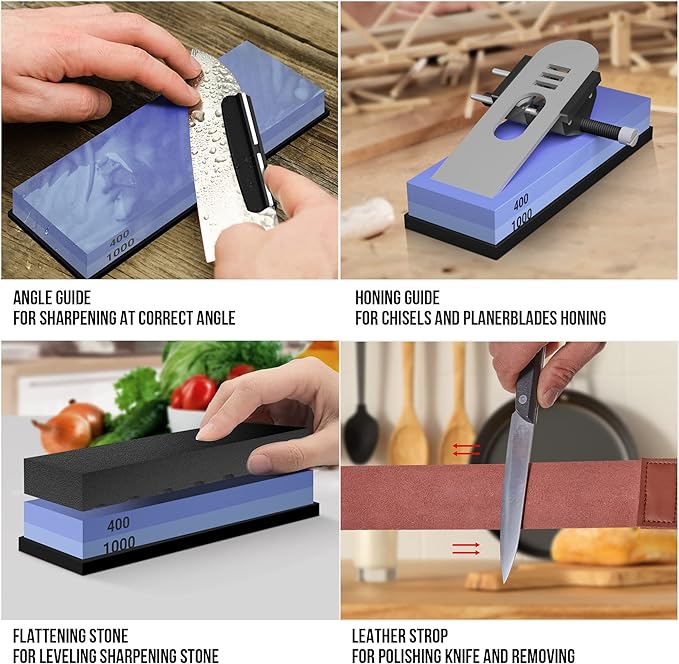Knife Sharpening Stone Set - Premium 4 Side Grit 400/1000 3000/8000 Whetstone Sharpener Kit - Non-Slip Bamboo Base,Cut Resistant Gloves, Angle Guide,Flatting Stone,Honing Guide,Leather Strop
