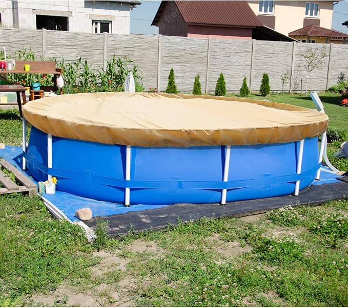 ECOOPTS 9 ft Round Pool Cover for Above Ground Pools, Swimming Pool Cover Protector Winter Safety Cover (Beige)