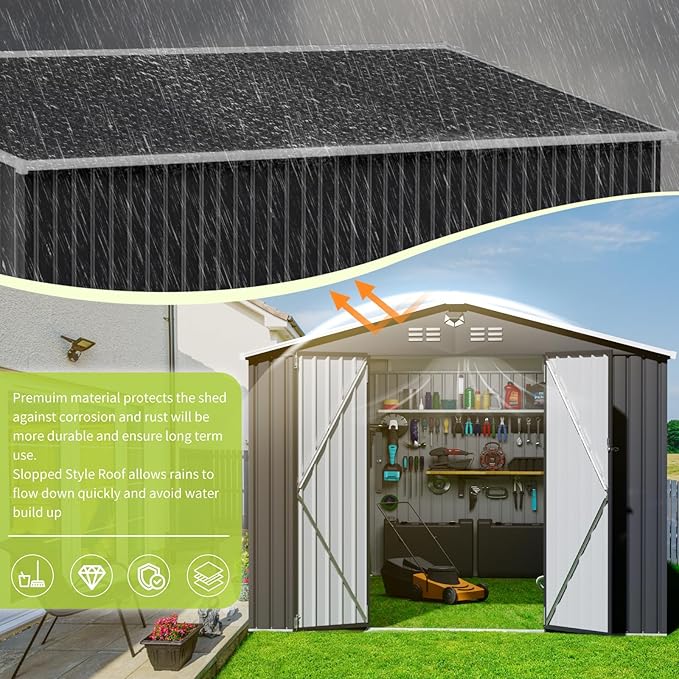 10x14 FT Outdoor Storage Shed, Metal Shed with Lockable Door, Large Heavy Duty Tool Sheds, Outside Waterproof Storage Building