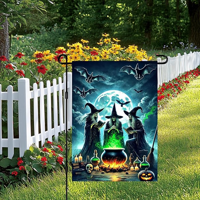 Halloween Witch Garden Flag Spooky Yard Banner Full Moon Bats Cauldron And Three Witches Double Sided 12x18 Outdoor House Flag For Lawn Porch Halloween Decoration Scary Seasonal Yard Sign