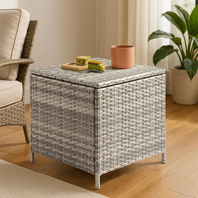 Outvita Outdoor Side Table, Rattan Coffee Table with Storage 27 Gallon Patio Small Deck Storage Box for Cushion Towel Books, Brown Side Table with lid
