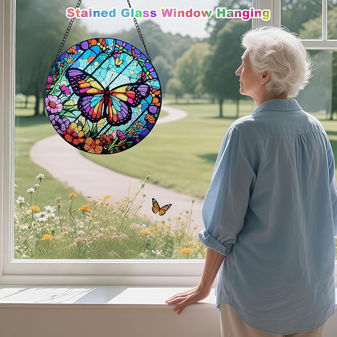 Stained Glass Window Hanging - Butterfly Suncatchers for Indoor Windows, Butterfly Stained Glass Decor for Home, Garden, Cottage, Sun Catcher Gift for Women (12 Inch)