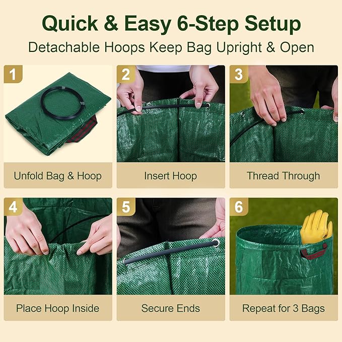 3-Pack 72 Gallon Self-Standing Yard Waste Bags with Cowhide Gloves — Heavy-Duty 150 GSM Woven PE, Double-Layer Reinforced Bottom, Four Handles, Reusable Leaf Bags for Lawn & Garden
