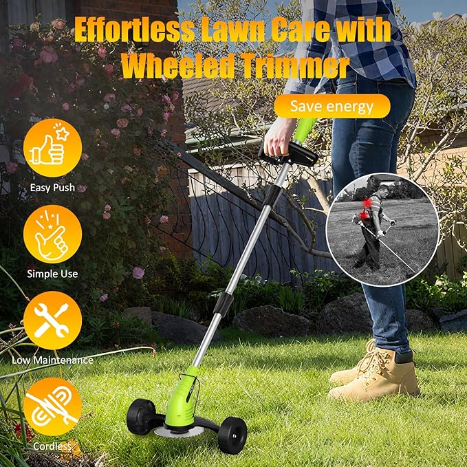 Electric Weed Wacker Cordless： String Trimmer with Roller 2Types Blades - 2.0Ah 12V Battery Powered Lightweight Grass Cutter/Mower for Yard and Garden, Green
