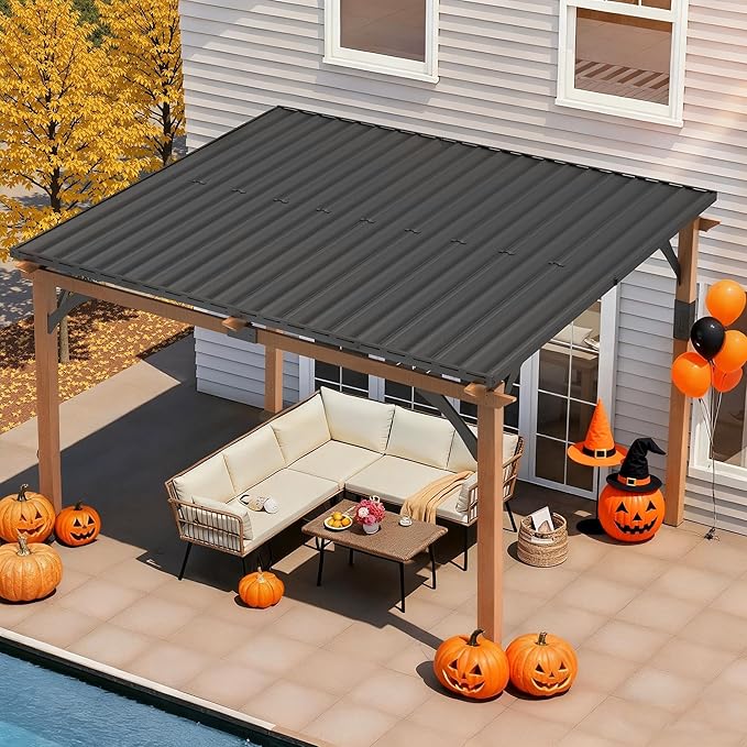 Macrout 10'x12' Outdoor Gazebo, Heavy Duty Pergola with Sloped Metal Roof and Aluminum Frame, Permanent Gazebos for Patio, Decks, Backyard, Garden, 4718 (10'x12')