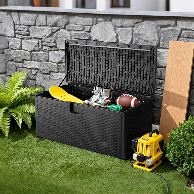 JEKO&JEKO 75 Gallon Outdoor Storage Box – Large Plastic Deck Box with Lockable Lid for Patio Furniture, Garden Supplies, and Shoes, Black