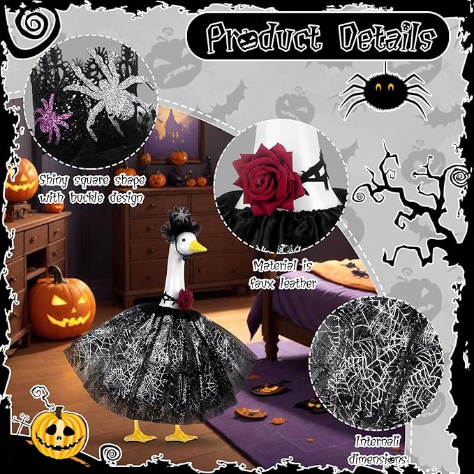 Halloween Porch Goose Outfits and Goose Clothes Fits 23" Plastic Cement Statues, Black Goose Outfit Costume with Rose Necklace for Outdoor Patio Yard Lawn Party
