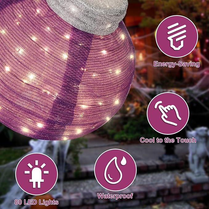BRIGHTDECK Outdoor Halloween Ornaments, Lighted Pop-Up Outdoor Holiday Ball Decoration with 80 LED Lights, 8 Light Modes, Lighted Collapsible Holiday Decorations for Yard, Home (Purple)