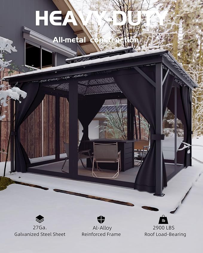 GAOMON Hardtop Gazebo 10'x14' for All Weather, with Double Metal Roof, Aluminum Alloy Frame, Net, and Curtain, Permanent Building of Backyard Luxury for Patio, Deck, Backyard, Lawn, and Garden, Gray
