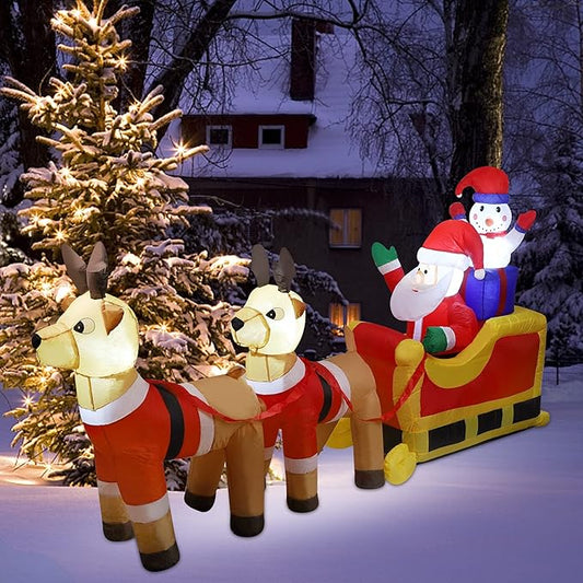 8ft Long Christmas Inflatable Santa Claus & Snowman on Sleigh with Reindeers, Xmas Blow up Yard Decorations with Built-in LED Lights for Outdoor Garden Lawn Xmas Holiday Decor