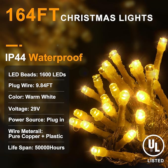 KNONEW 164FT 1600 LED Christmas Lights Outdoor Decoration with 320 Drops Timer 8 Modes Hanging Lights Plug in Waterproof Indoor Decor for Holiday Wedding Party Window (Warm White)